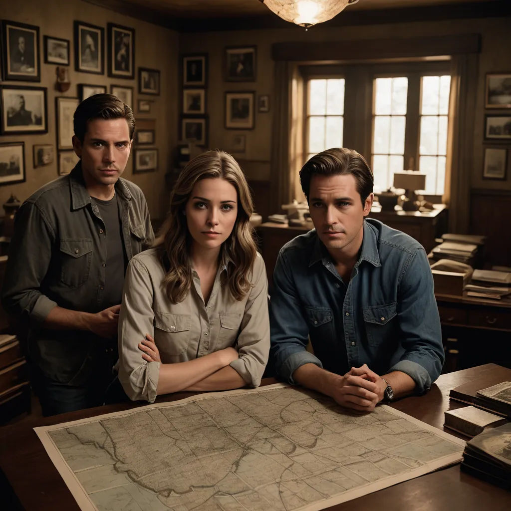 a man and a woman sitting at a table with a map in front of them and a man standing behind them, new objectivity, a poster, Dan Scott, promotional image