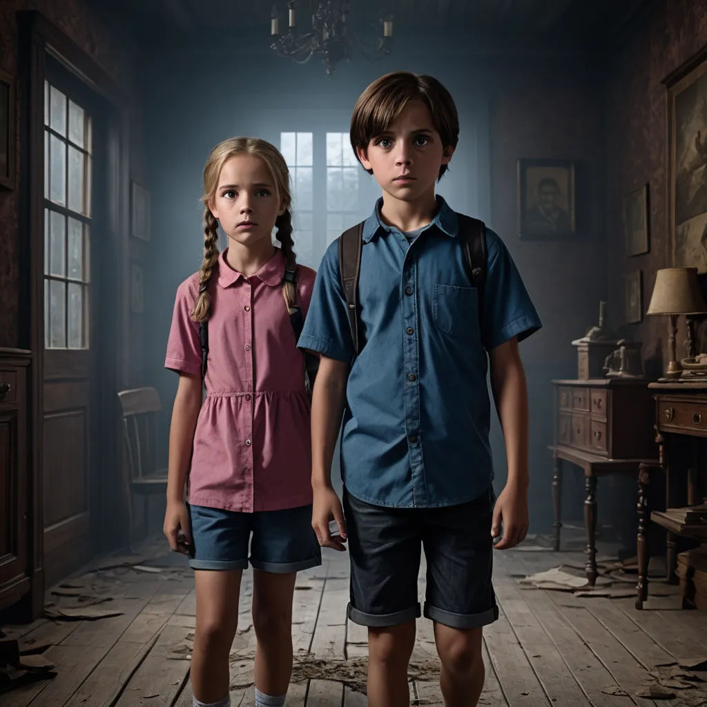 a boy and a girl standing in a room with a wooden floor and a table with a lamp on it, international gothic, poster art, Diego Gisbert Llorens, promotional image