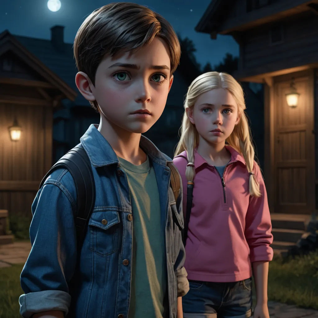 a boy and a girl standing in front of a house at night with a full moon in the background, photorealism, concept art, Drew Struzan, unreal engine highly rendered