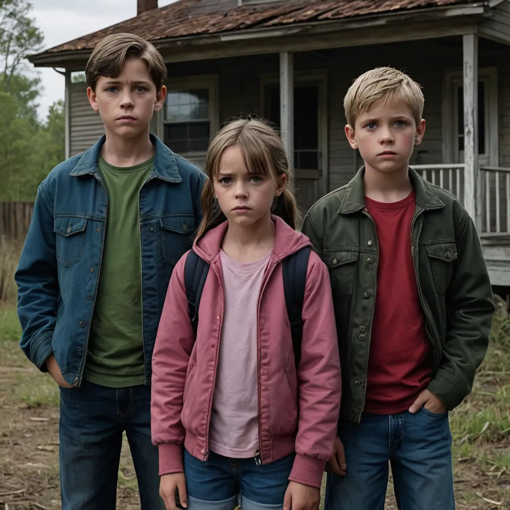 three children standing in front of a house with a porch and porch on the roof, and one boy in the middle of the picture, international gothic, a poster, Clark Voorhees, promotional image