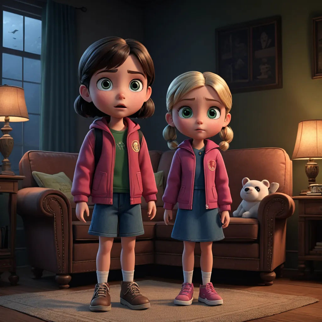 a couple of kids standing next to each other in a living room next to a couch and a teddy bear, photorealism, poster art, Ada Gladys Killins, promotional image