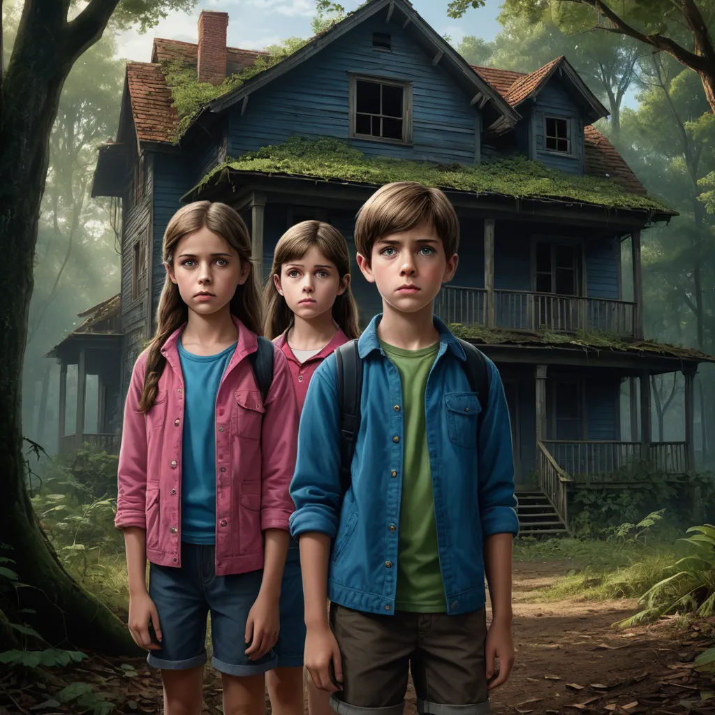 three children standing in front of a house in the woods with a dog in front of them and a dog in the background, photorealism, poster art, Diego Gisbert Llorens, promotional image
