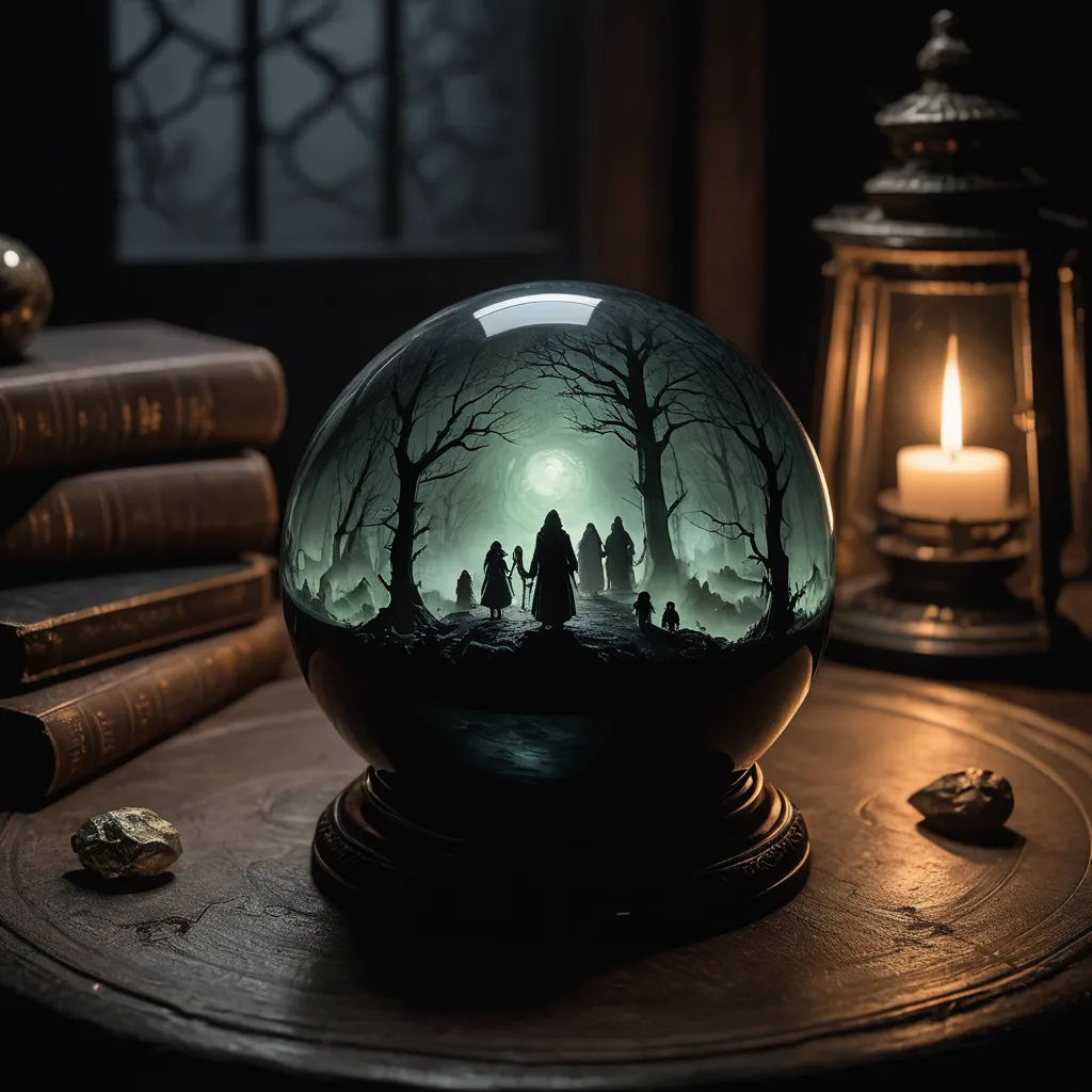 a glass ball with a scene of people walking through a forest in it on a table next to a candle, gothic art, a 3D render, Dirk Crabeth, fantasy artwork