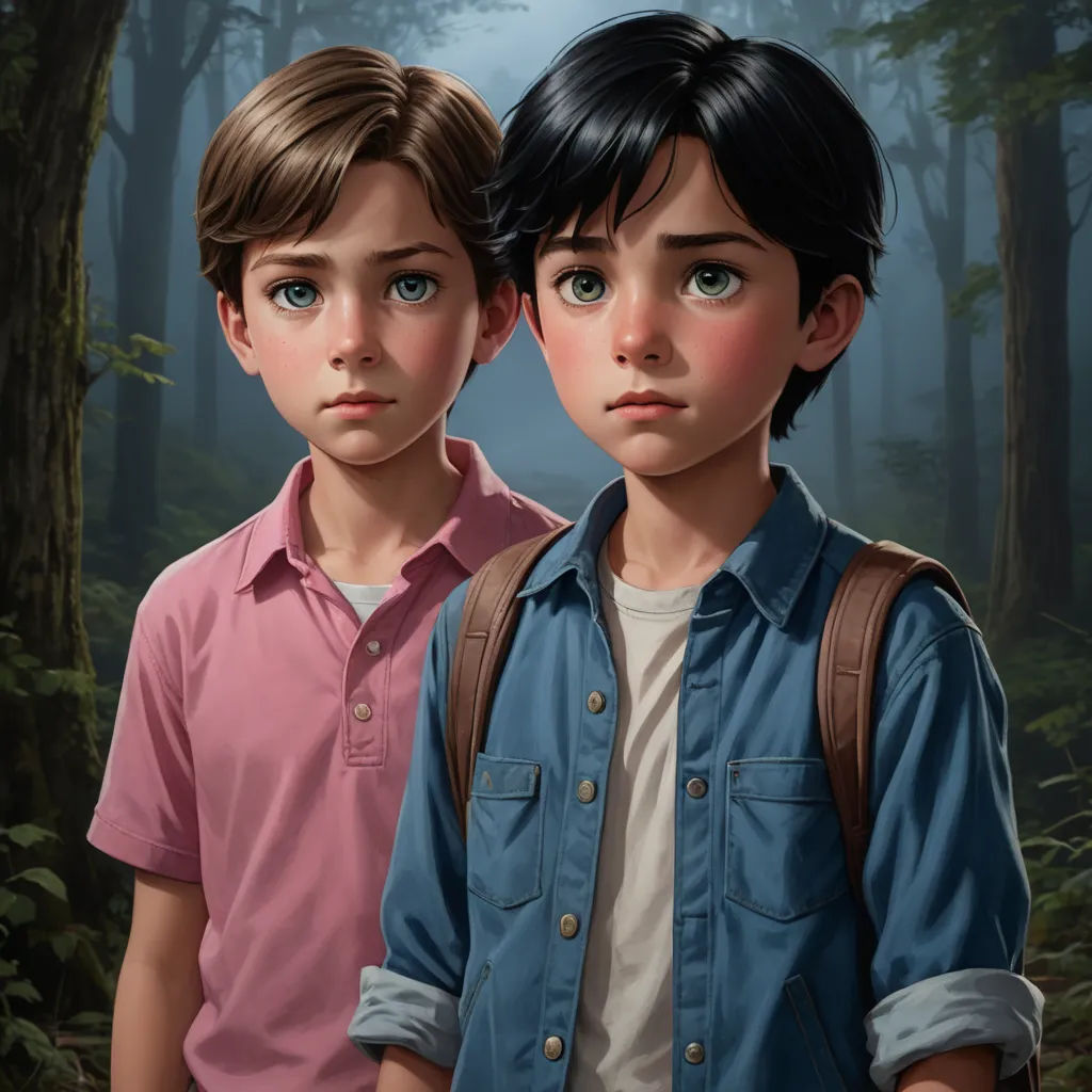 a painting of two boys standing in a forest with a backpack on their shoulders and a forest background behind them, sots art, a detailed painting, Brothers Hildebrandt, key art