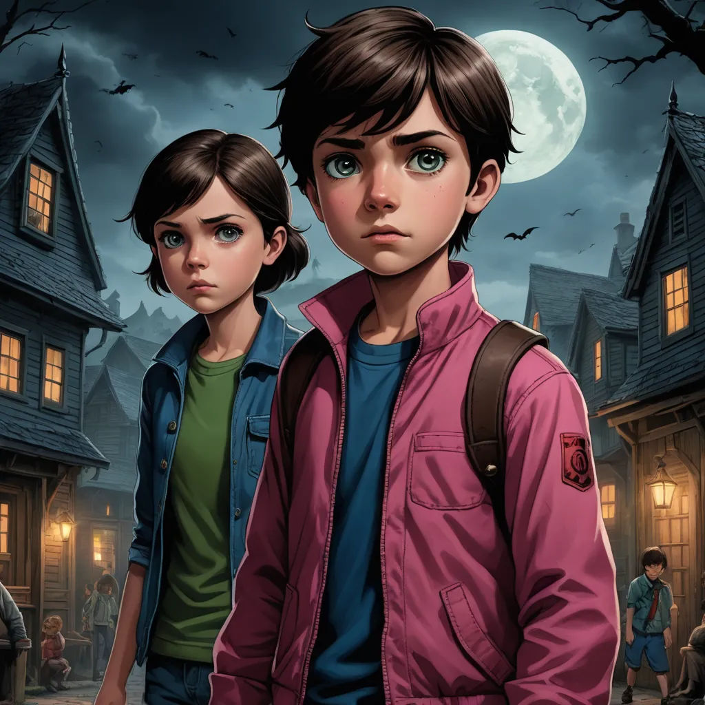 a couple of people standing in front of a house with a full moon in the background and a full moon in the sky, sots art, poster art, Clark Voorhees, key art
