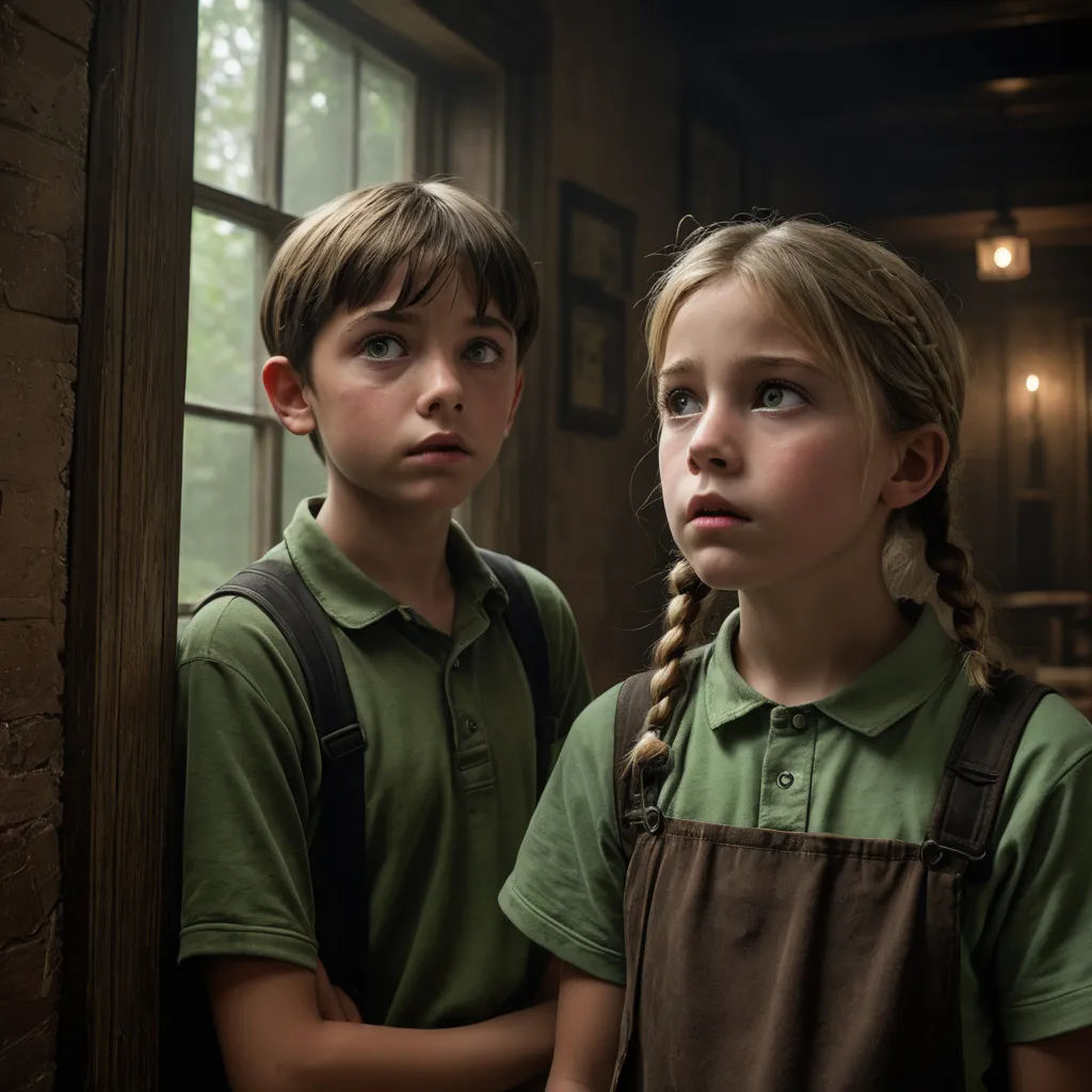 two children standing next to each other in front of a window with a green shirt on and a brown apron on, antipodeans, a detailed matte painting, Anne Said, promotional image