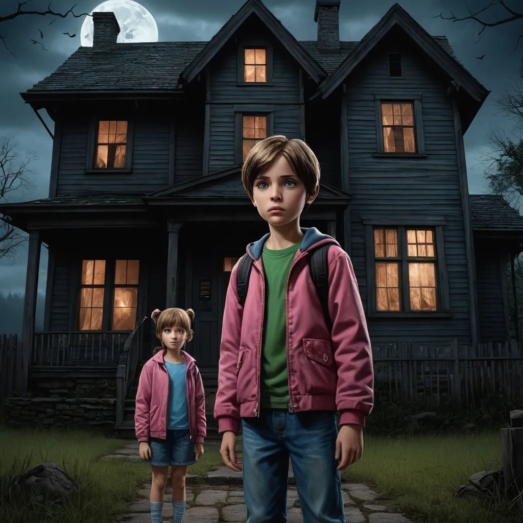 a young boy and girl standing in front of a creepy house at night with a full moon in the background, photorealism, poster art, Clark Voorhees, promotional image