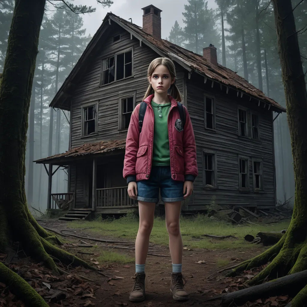 a young girl standing in front of a house in the woods with a creepy look on her face and a creepy expression on her face, vancouver school, a poster, Ada Gladys Killins, promotional image