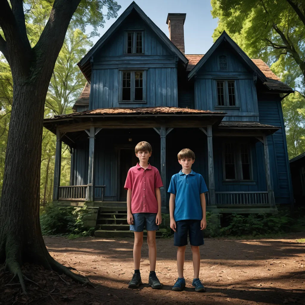 two boys standing in front of a house in the woods with a tree in front of them and a house in the background, international gothic, poster art, Clark Voorhees, promotional image