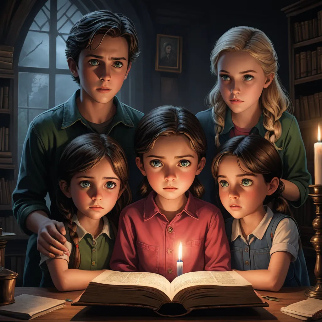 a family is gathered around a book with a candle in it and a book open to the page of the book, sots art, a storybook illustration, Brothers Hildebrandt, official art