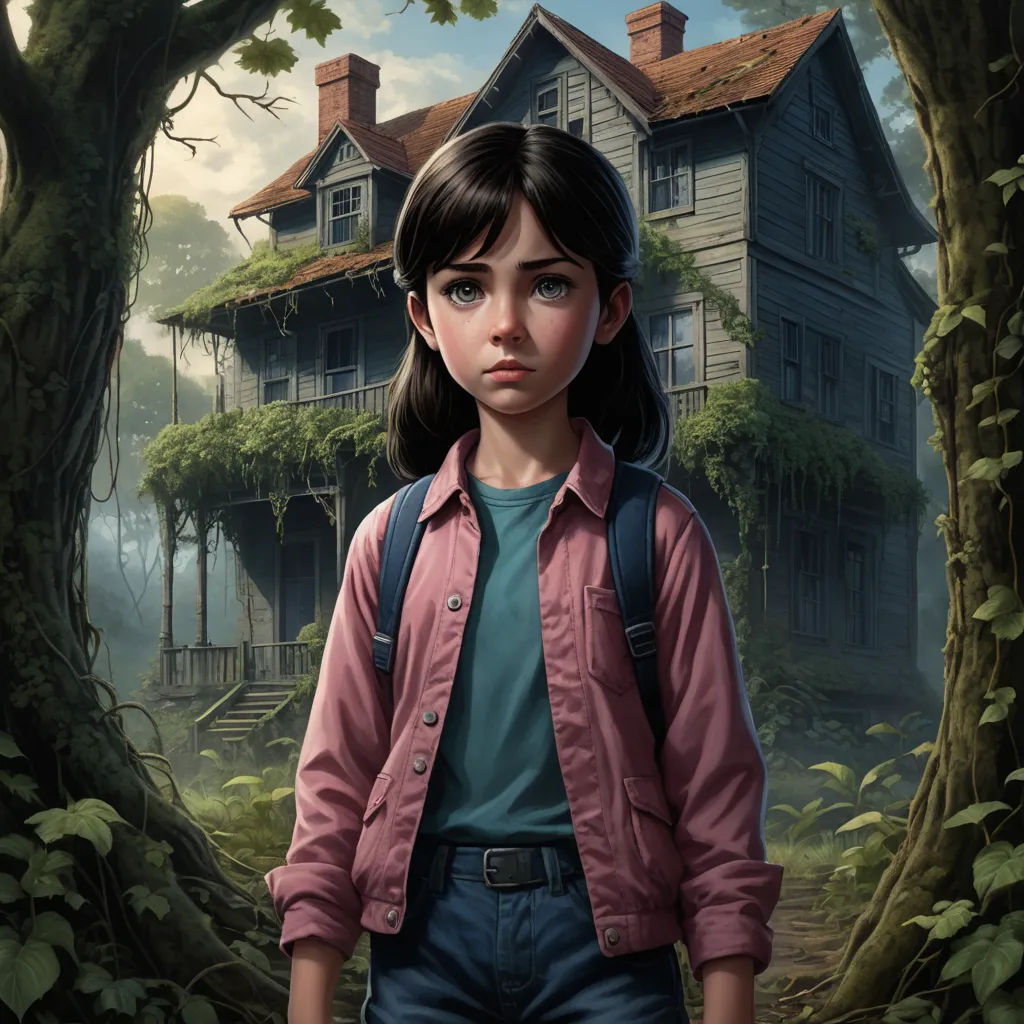 a painting of a girl standing in front of a house with a tree in the background and a man standing in front of the house, photorealism, a detailed matte painting, Aaron Jasinski, key art