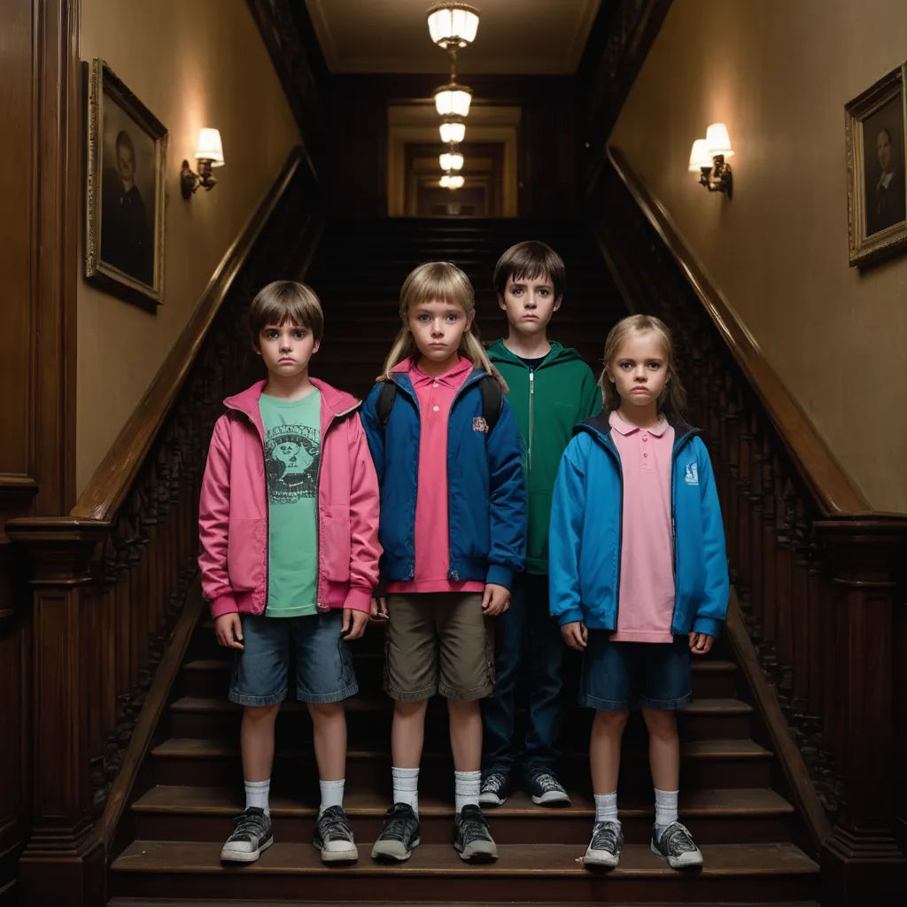 a group of children standing on a set of stairs in a hallway with a light on above them and a picture of a man on the wall, northwest school, a poster, Christian Hilfgott Brand, promotional image