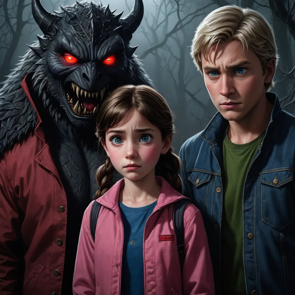 a man and a woman standing next to each other in front of a demon head and a forest with trees, sots art, poster art, Aaron Jasinski, key art