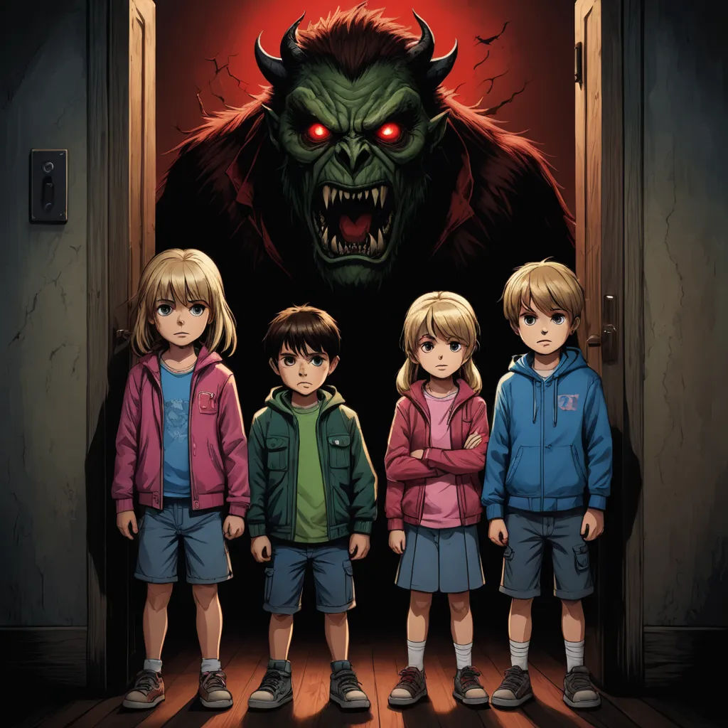 a group of children standing in front of a monster door with their mouths open and glowing eyes on the door, sots art, poster art, Diego Gisbert Llorens, key art