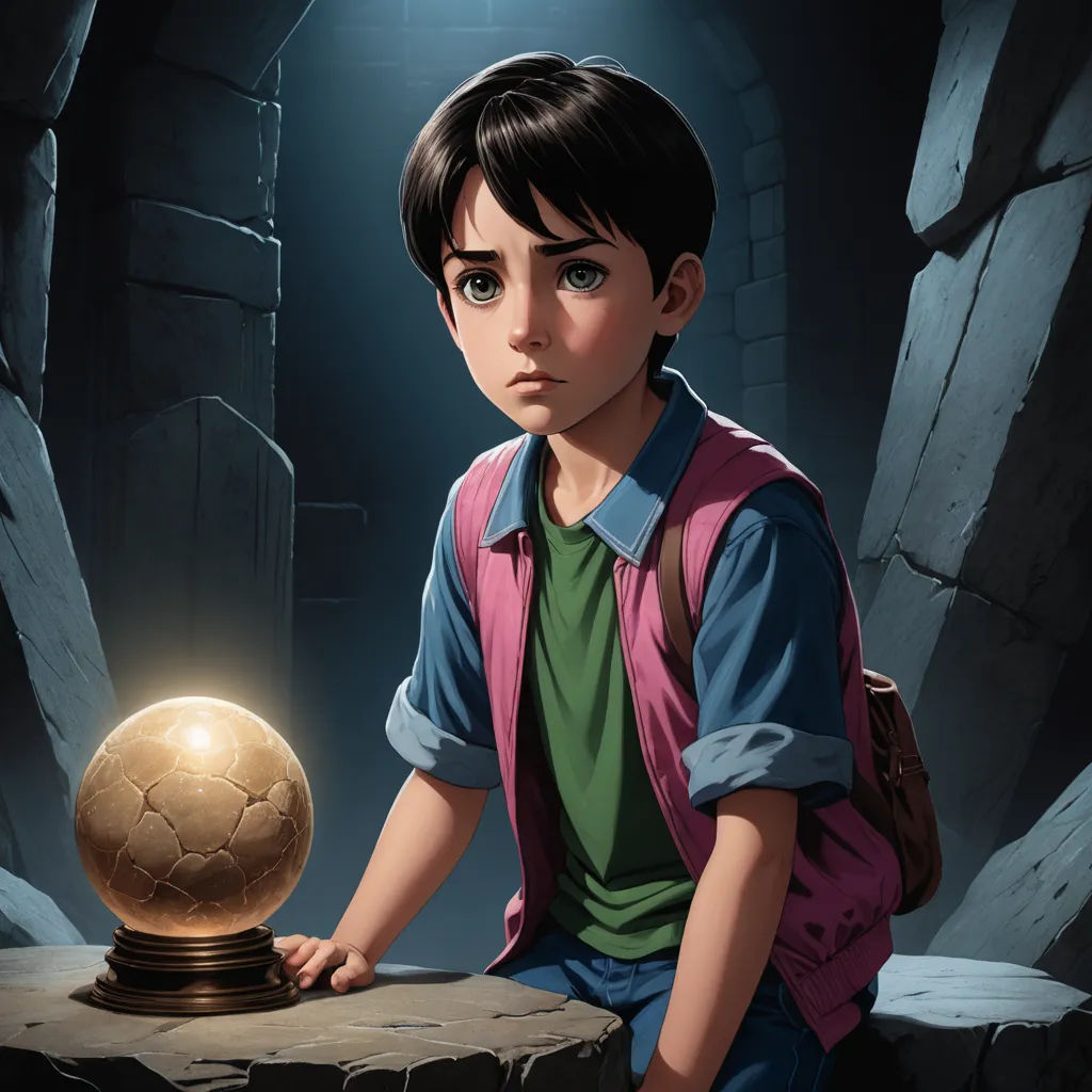 a boy sitting on a rock with a ball in his hand and a flashlight in his hand, in a dark cave, sots art, poster art, Diego Gisbert Llorens, official art