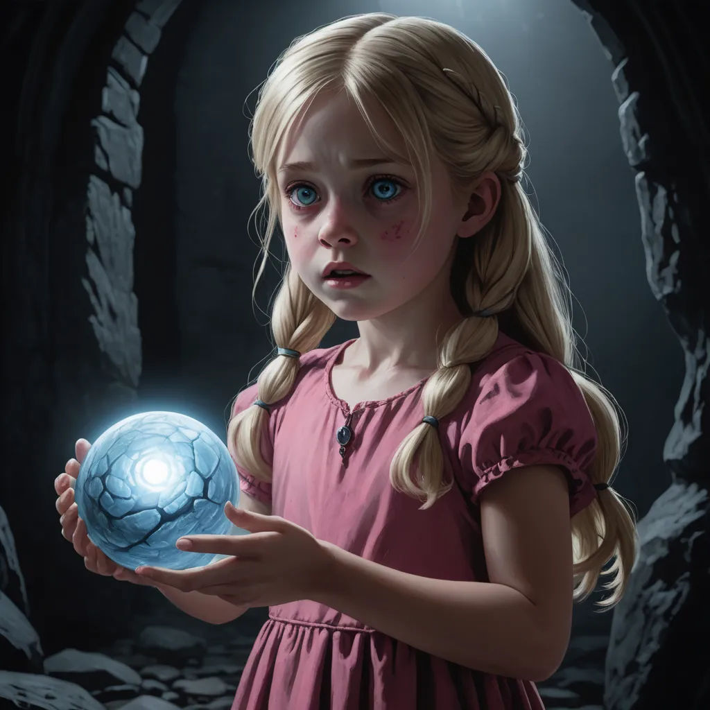 a little girl holding a glowing ball in her hands in a cave with a light shining in it's center, fantasy art, a storybook illustration, Clint Cearley, rossdraws global illumination