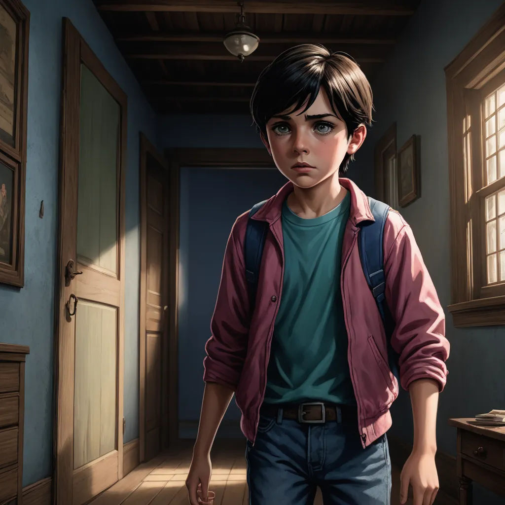 a boy in a room with a backpack on his back and a door open to another room with a window, sots art, poster art, Alejandro Burdisio, stanley artgerm lau