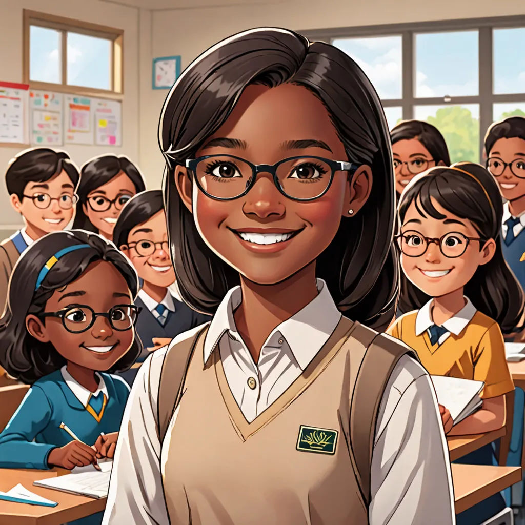 a cartoon of a girl in a classroom with other children in the background and a teacher in the foreground, Ada Gladys Killins, bengal school of art, a comic book panel, official art