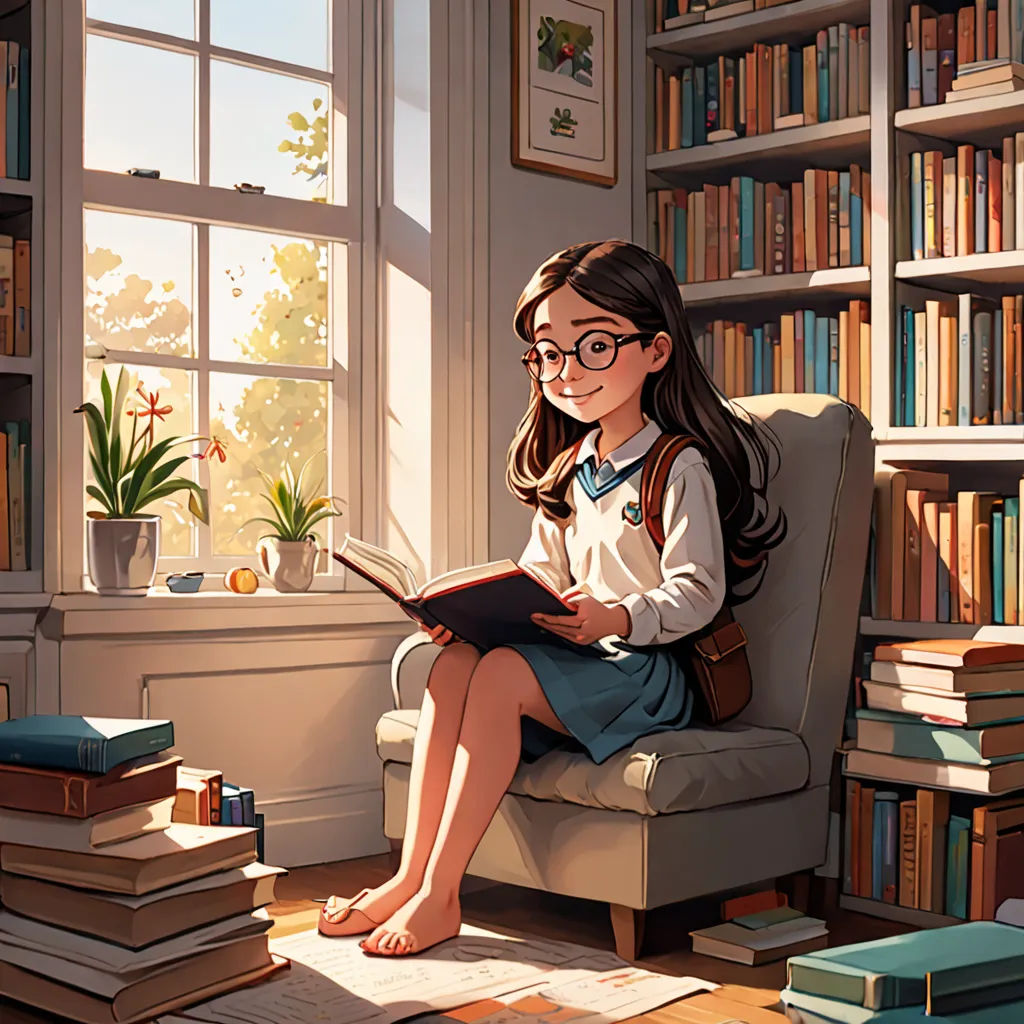 a girl sitting in a chair reading a book in a library with a lot of books on the shelves, Atey Ghailan, fantasy art, a storybook illustration, rossdraws global illumination