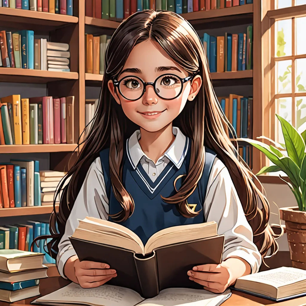 a girl in a school uniform reading a book in front of a library full of books and plants,, Artgerm, fantasy art, a storybook illustration, storybook illustration