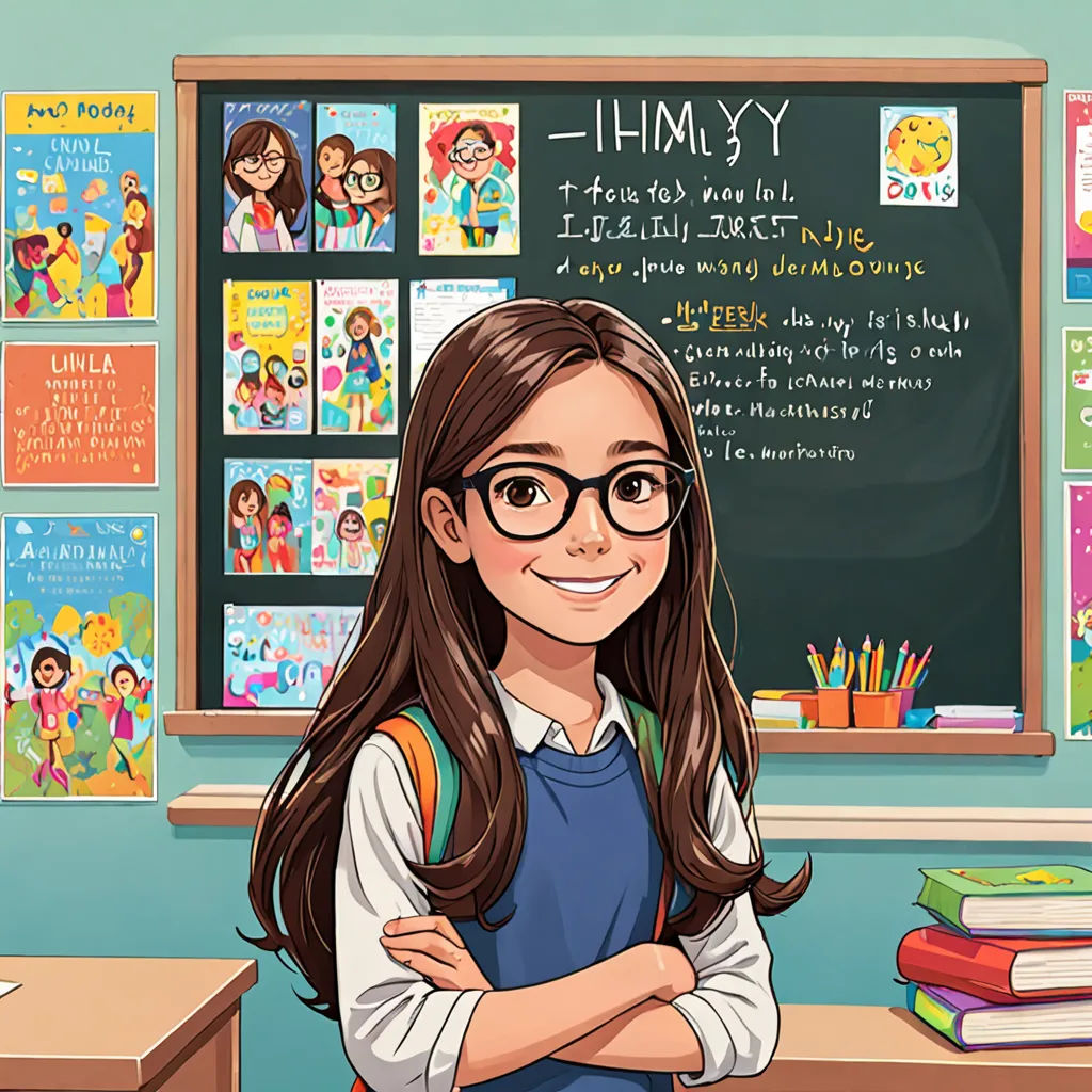 a girl standing in front of a chalkboard with books on it and a backpack on her shoulder and a book case behind her, Ada Gladys Killins, lyco art, a storybook illustration, promotional image