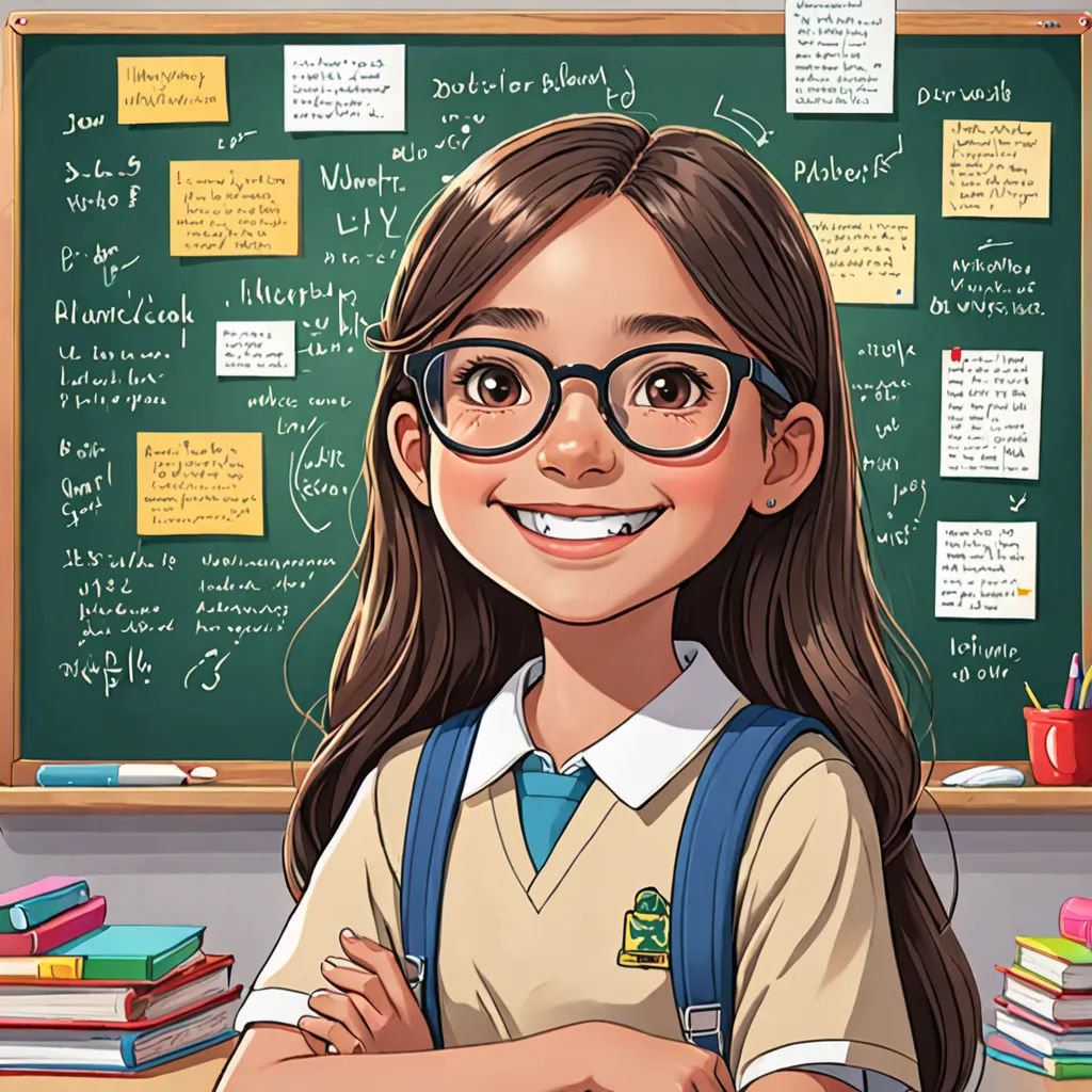 a cartoon girl with glasses standing in front of a chalkboard with writing on it and a lot of books, Araceli Gilbert, quito school, a character portrait, character portrait