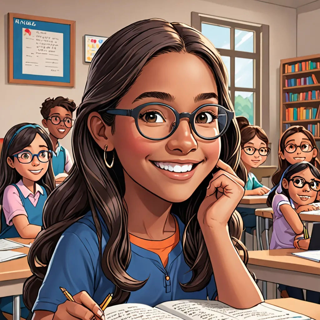 a cartoon of a girl smiling in front of a classroom full of students with a book and pencil in her hand, Ada Gladys Killins, lyco art, a comic book panel, comic cover art