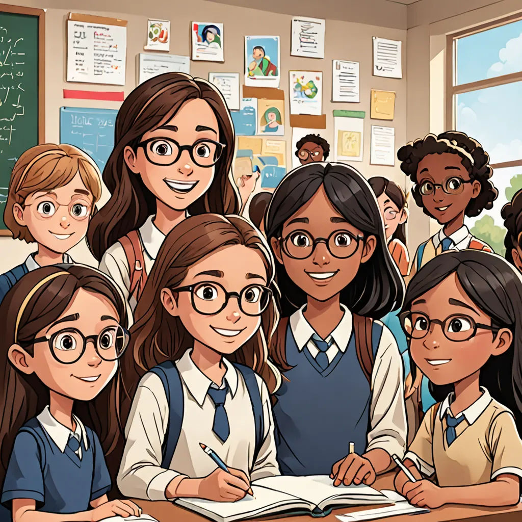 a group of children sitting at a desk in a classroom with a teacher in front of them and a teacher in the back, Colin Middleton, serial art, a comic book panel, official art