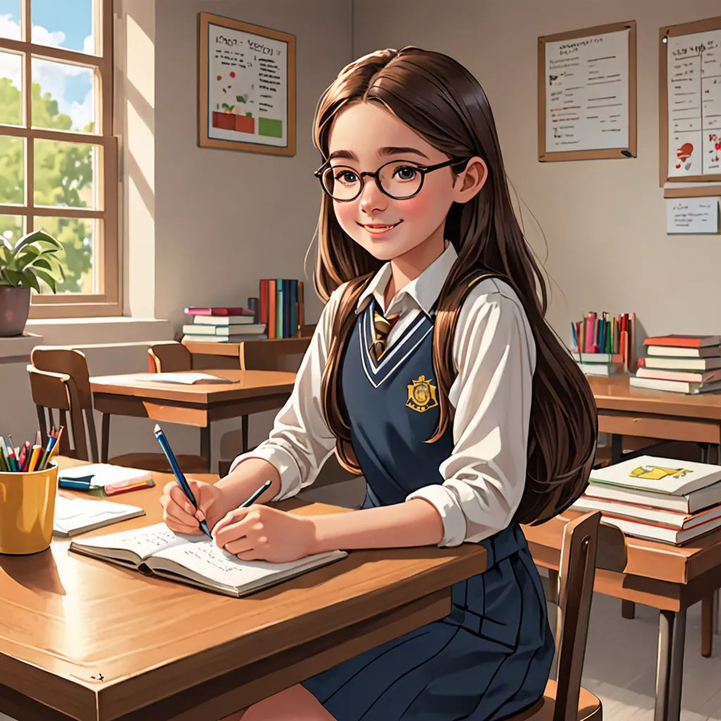 a girl sitting at a desk with a book and pen in her hand and a cup of coffee in front of her, Artgerm, paris school, a storybook illustration, official art
