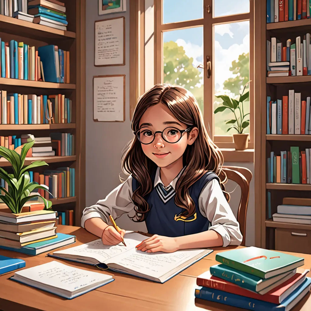a girl sitting at a desk with books and a pen in her hand and a bookcase behind her, Artgerm, academic art, a storybook illustration, rossdraws global illumination