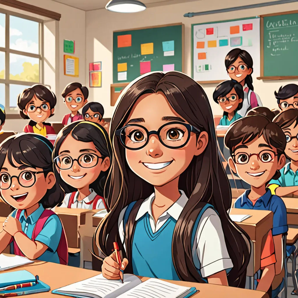 a cartoon of a girl in a classroom with her students in the background and a book open in front of her, Ada Gladys Killins, quito school, a comic book panel, official art