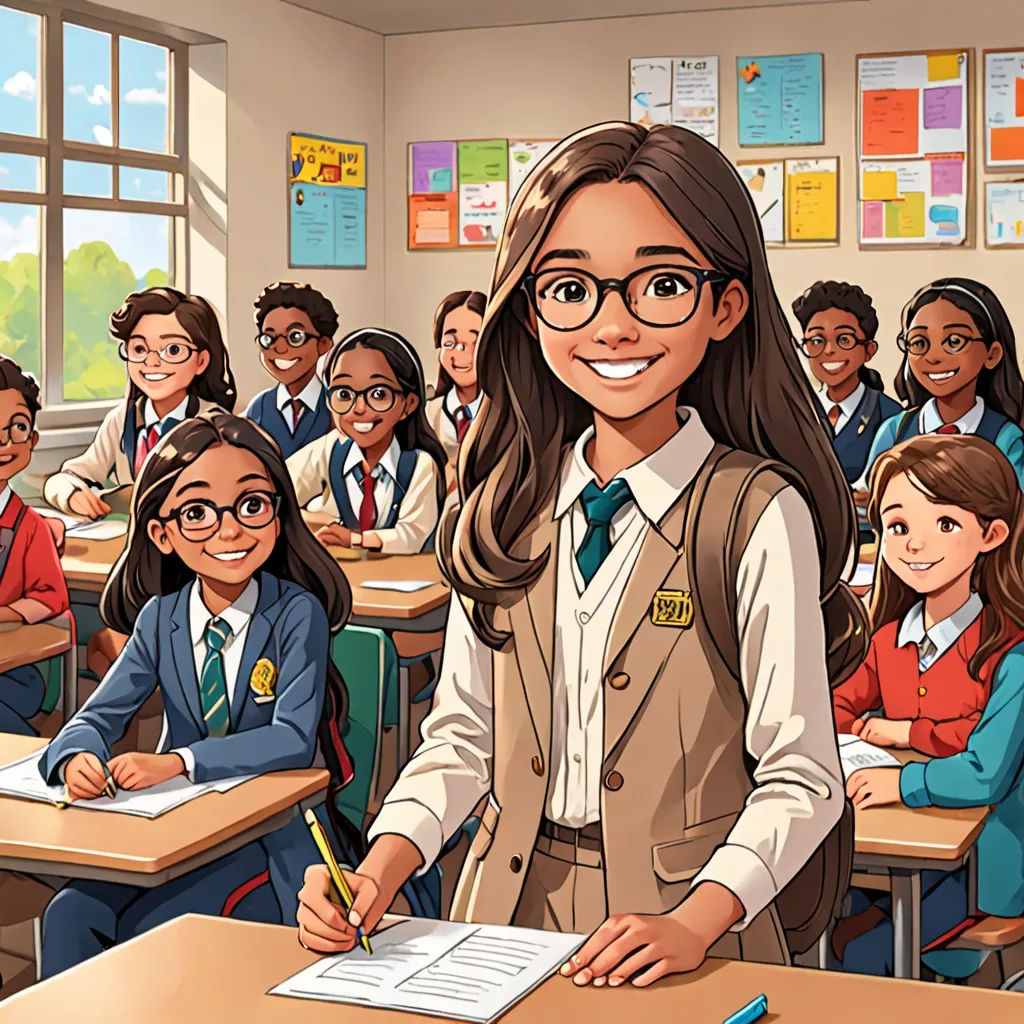a cartoon of a girl in a classroom with her teacher in front of her and a pencil in her hand, Ada Gladys Killins, paris school, a comic book panel, official art