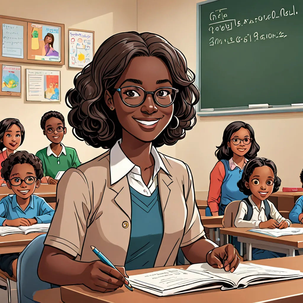 a cartoon of a woman in a classroom with a book and pencil in her hand and children in the background, Ada Gladys Killins, academic art, a comic book panel, comic cover art