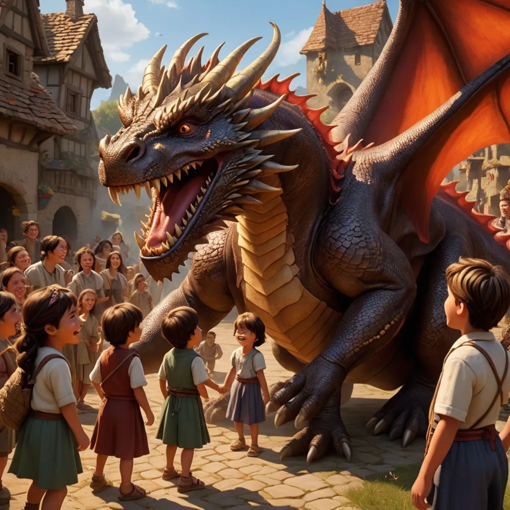 a group of children standing around a dragon statue in a village with a man in a suit and a woman in a dress, sots art, a storybook illustration, Chris LaBrooy, dragon art
