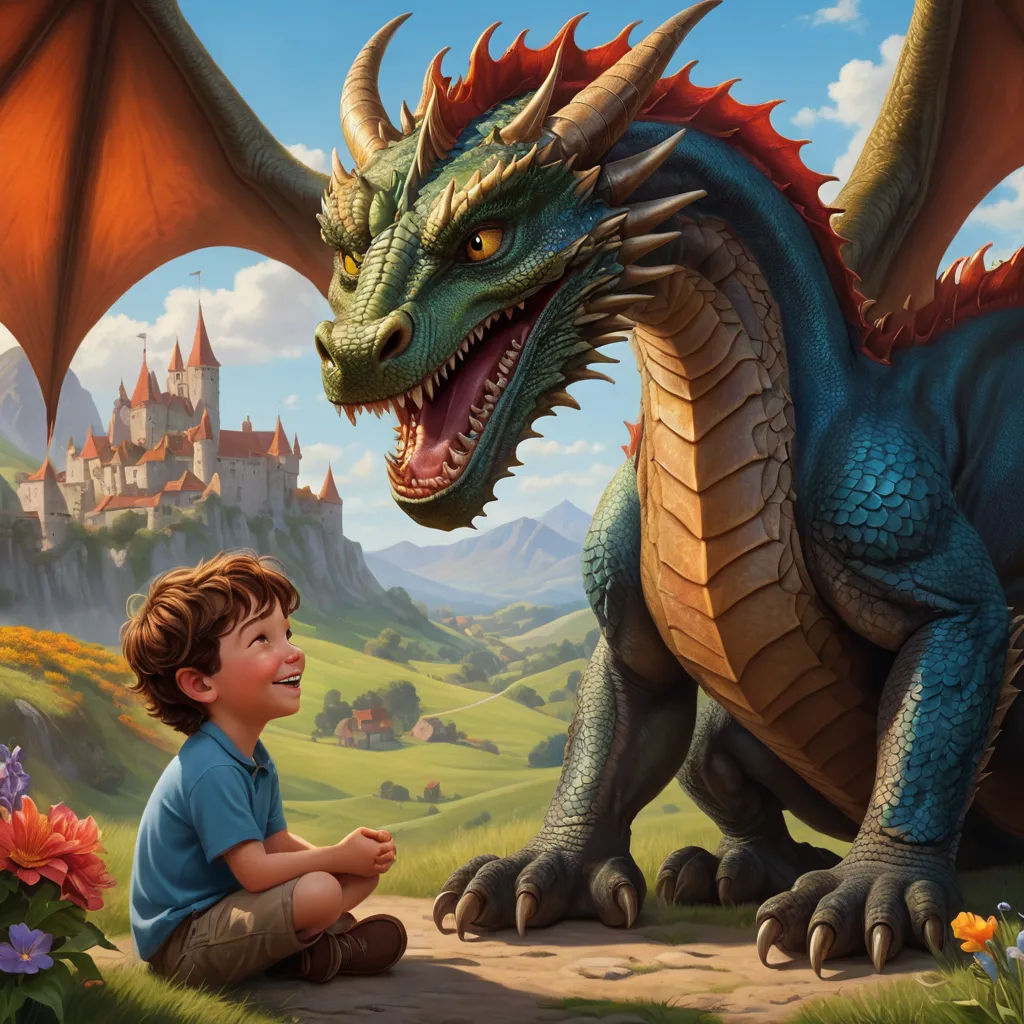 a boy sitting on the ground next to a dragon with a castle in the background and a castle in the background, sots art, a storybook illustration, Clint Cearley, dragon art