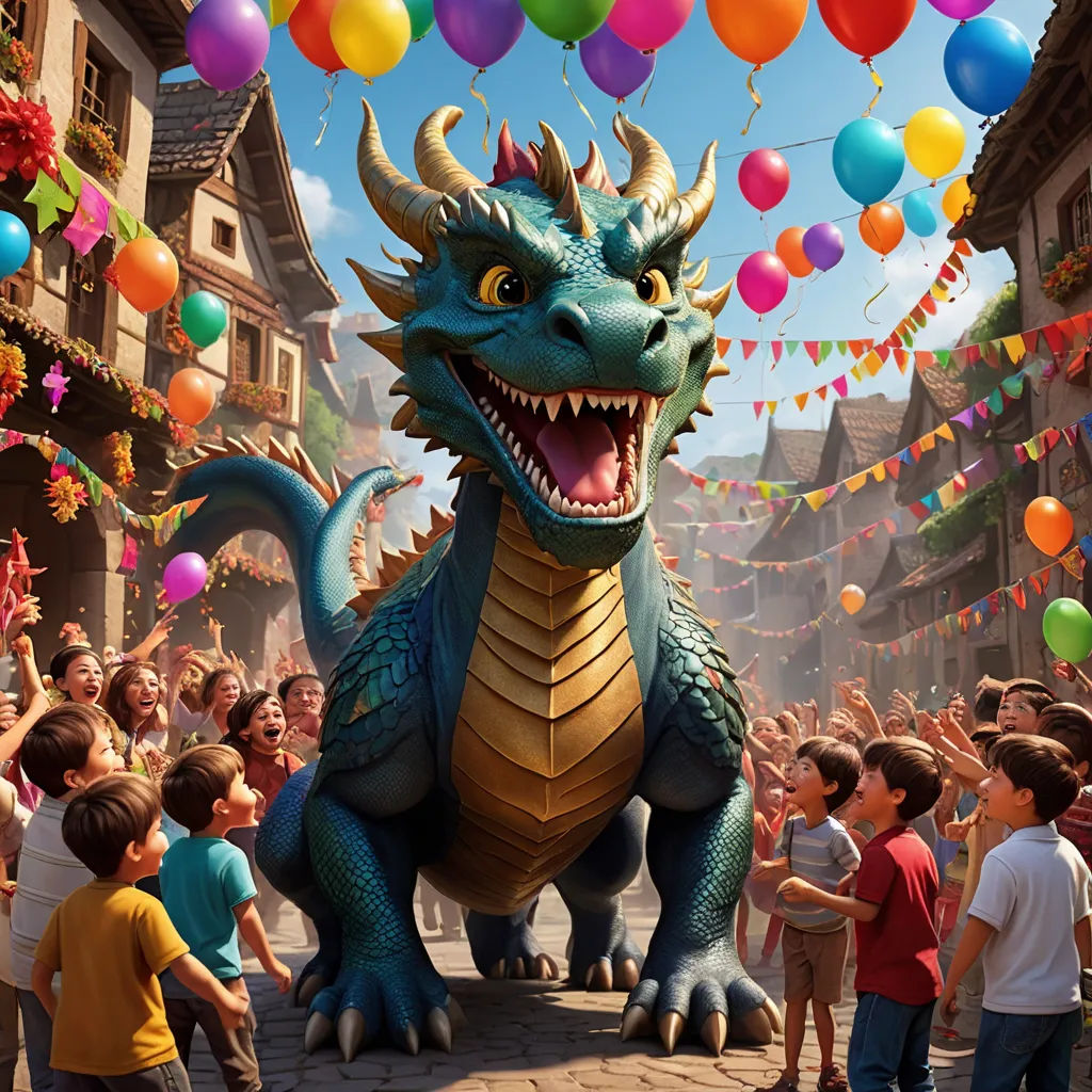 a dragon balloon is being flown by a crowd of children in a parade of balloons and streamers in the air, photorealism, concept art, Chris LaBrooy, promotional image