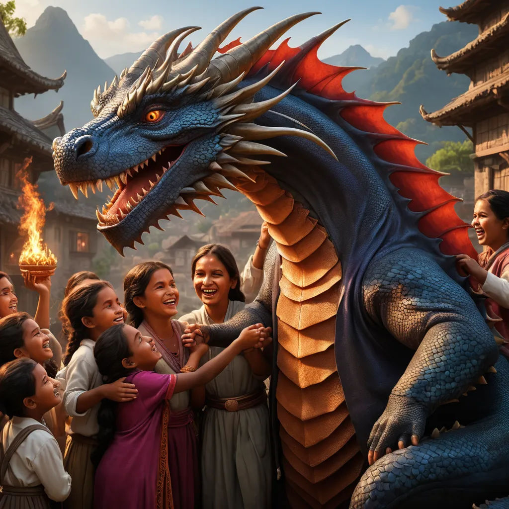a group of people standing around a dragon statue with a woman holding a child in her arms and a man holding a child, sumatraism, a poster, Chris LaBrooy, dragon art