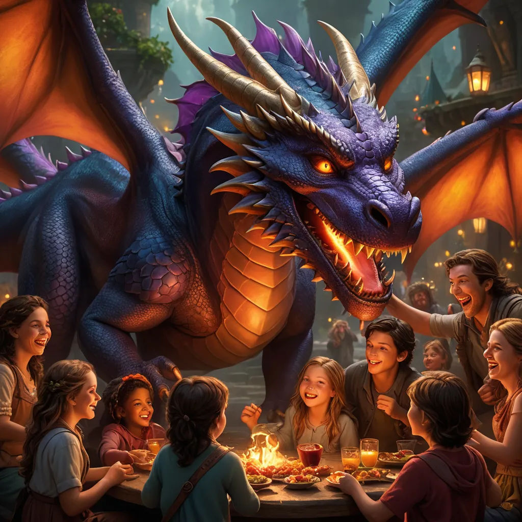 a dragon is eating at a table with people around it and a woman is holding a lit candle in her hand, sots art, a storybook illustration, Clint Cearley, dragon art