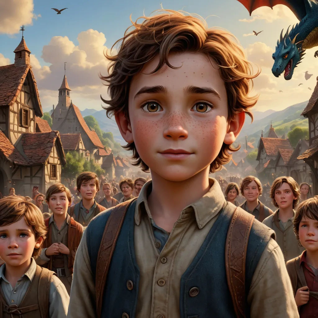 a boy in a brown shirt and a boy in a blue shirt and a dragon in the background and a crowd of people, fantasy art, a detailed matte painting, Clint Cearley, rossdraws global illumination