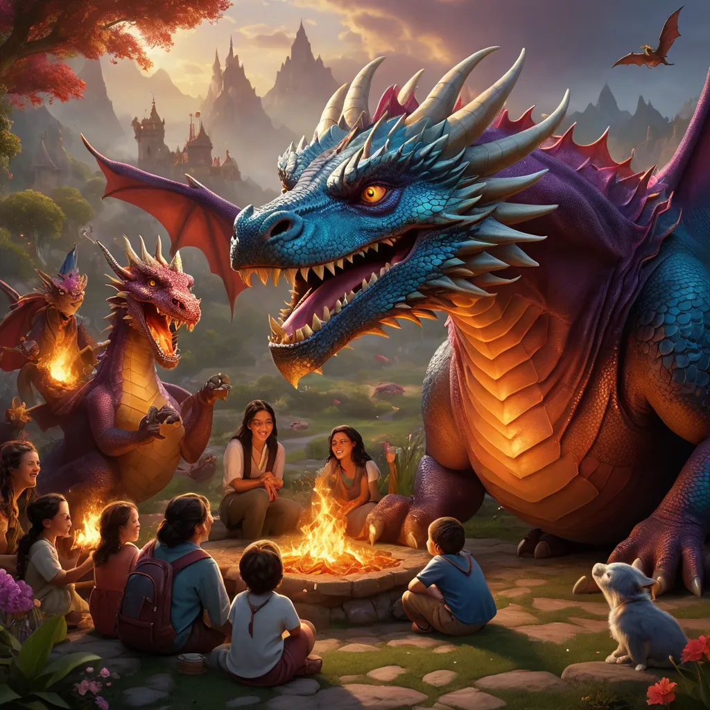 a group of people sitting around a fire pit with a dragon on it's face and a fire in the middle, fantasy art, a storybook illustration, Chris LaBrooy, dragon art