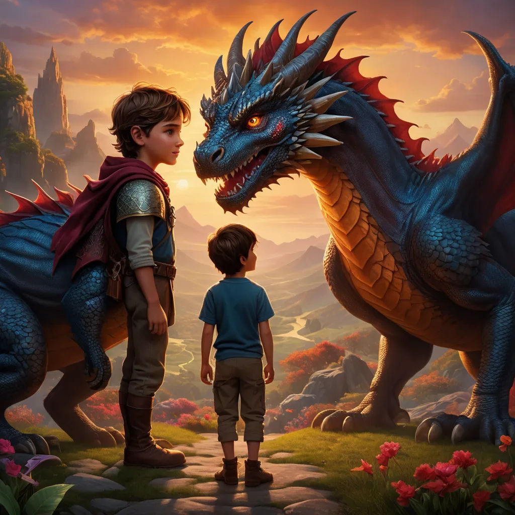 a boy and a boy standing next to a dragon in a field of flowers and rocks with a sunset behind them, fantasy art, a storybook illustration, Brothers Hildebrandt, key art