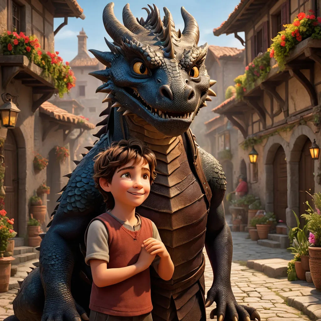 a boy and a dragon in a town with flowers on the buildings and a cobblestone street with potted plants, furry art, a poster, Altoon Sultan, promotional image