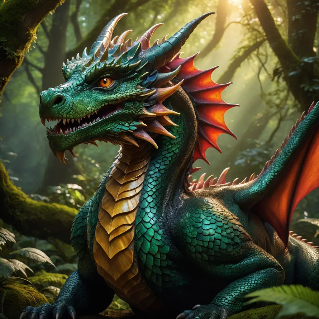 a green dragon with orange wings sitting in the woods with trees and plants around it, with the sun shining through the trees, fantasy art, concept art, Abidin Dino, dragon art