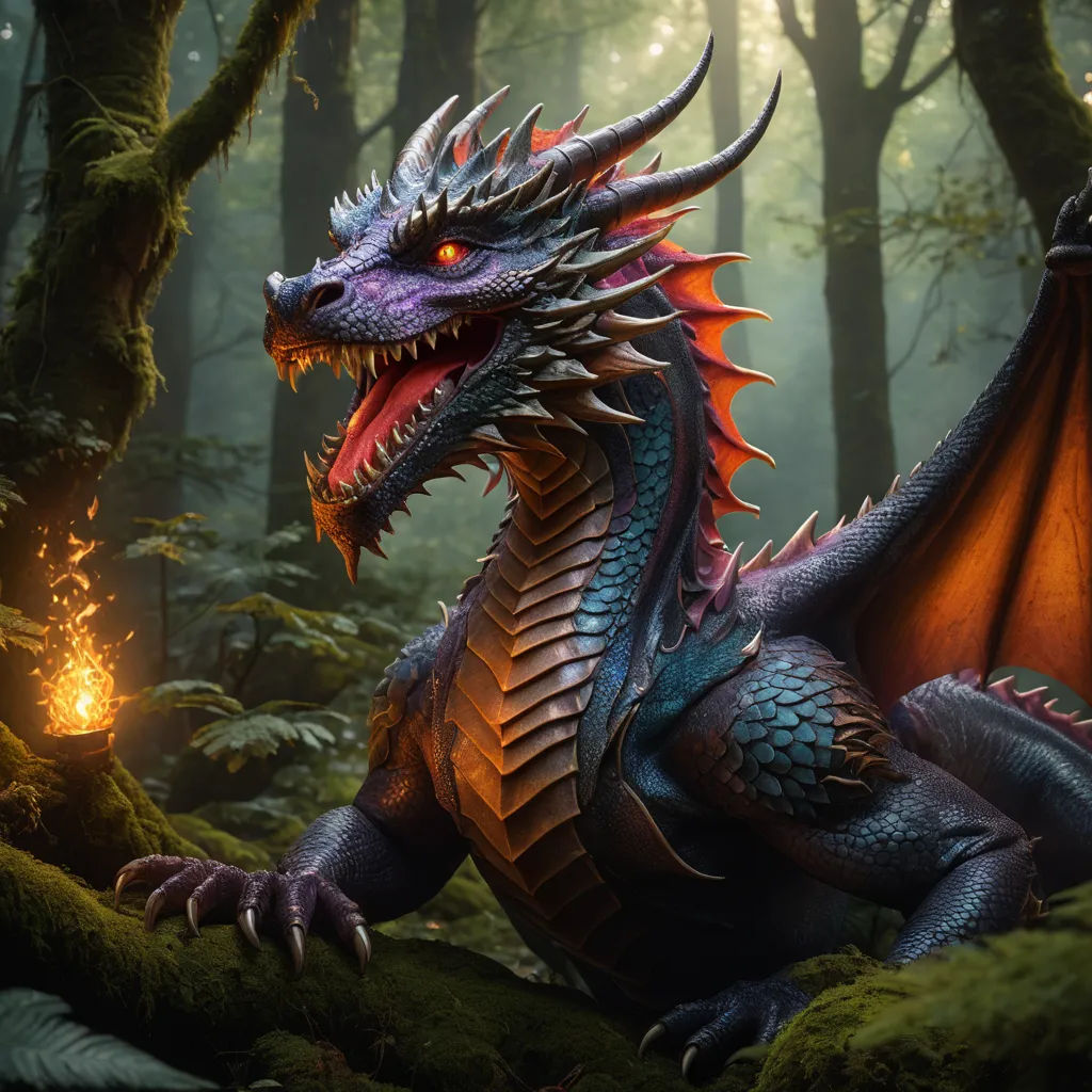 a dragon with red eyes and a black body in a forest with trees and bushes, with a glowing light in its mouth, fantasy art, a 3D render, Clint Cearley, dragon art