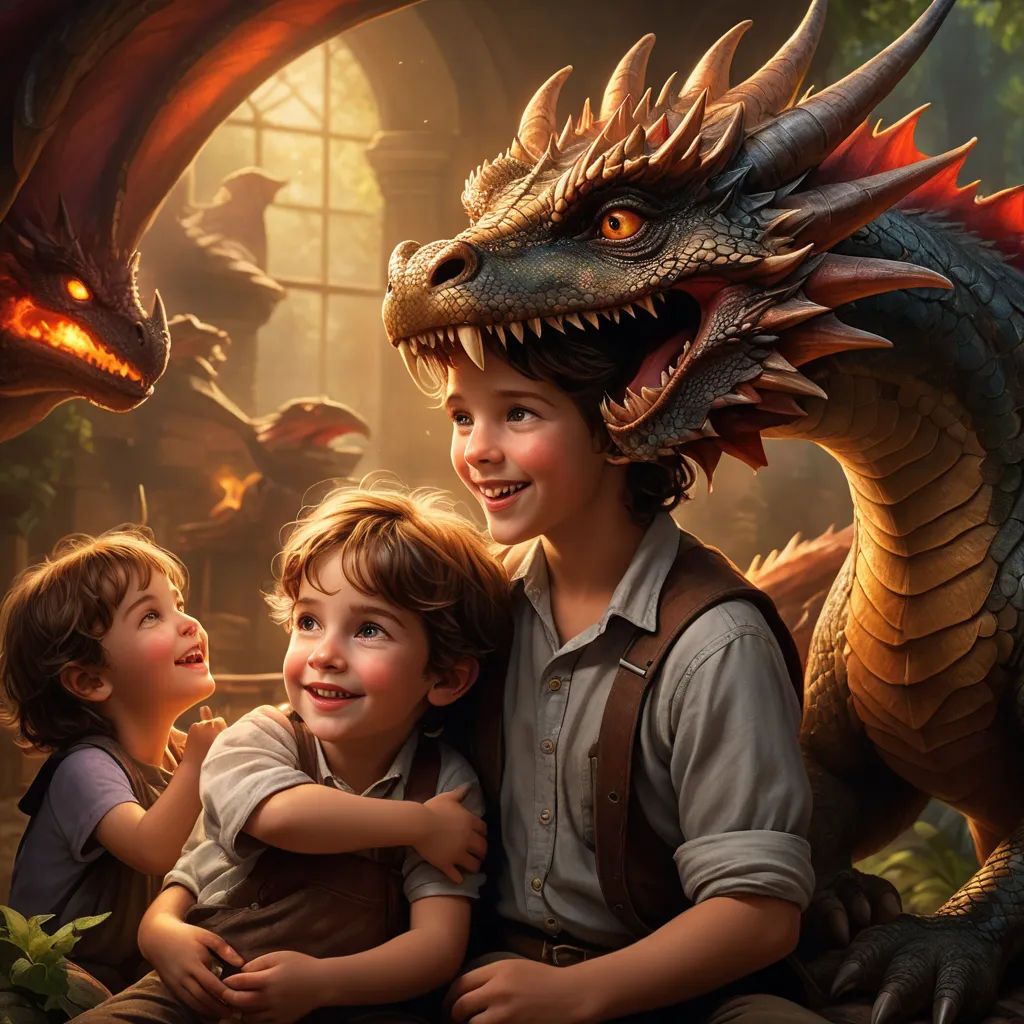 a boy and a boy are sitting next to a dragon and a boy is smiling at each other while the boy is holding the boy, fantasy art, a storybook illustration, Clint Cearley, dragon art