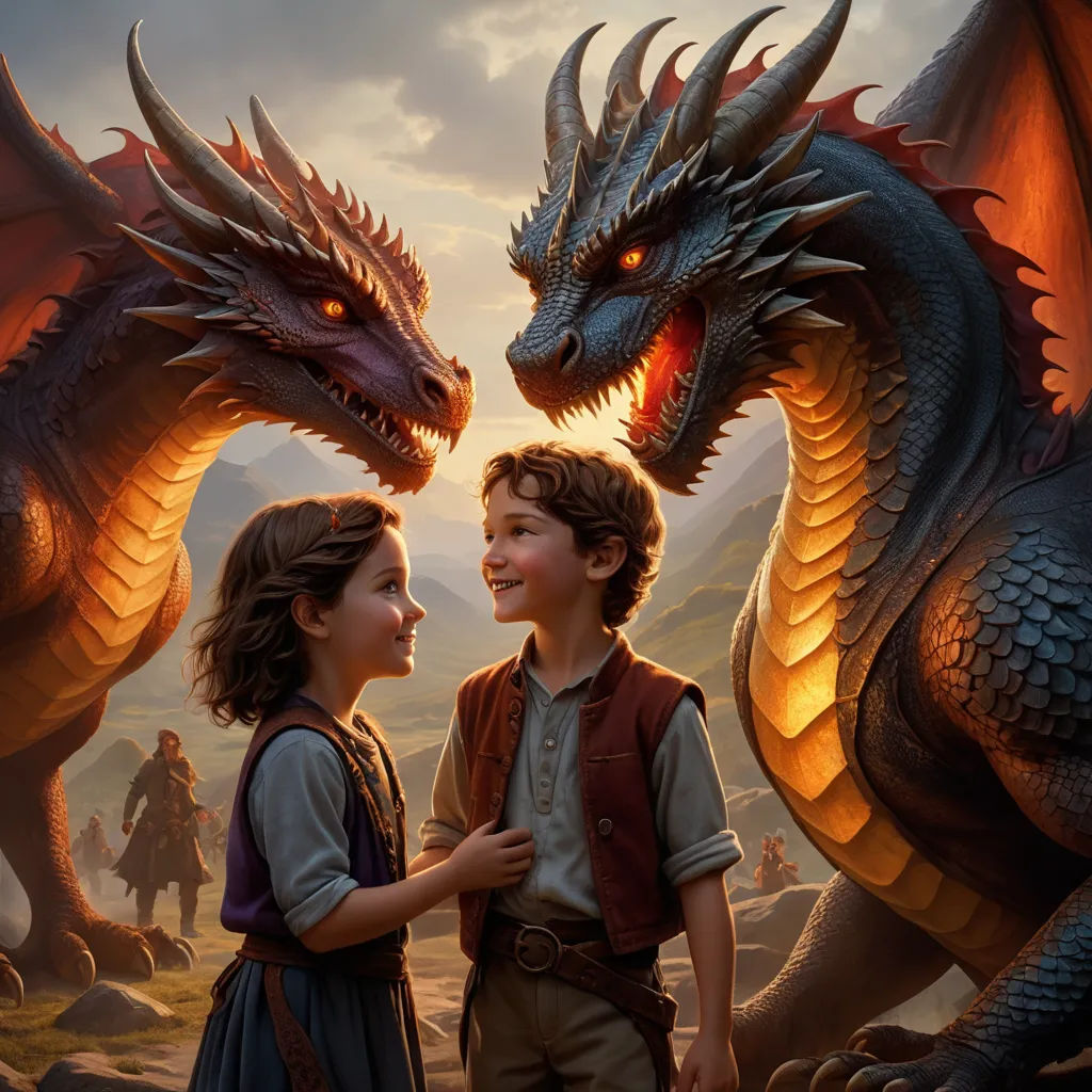 a boy and a girl standing next to a dragon on a mountain with a man in the background looking at each other, fantasy art, a storybook illustration, Clint Cearley, official art