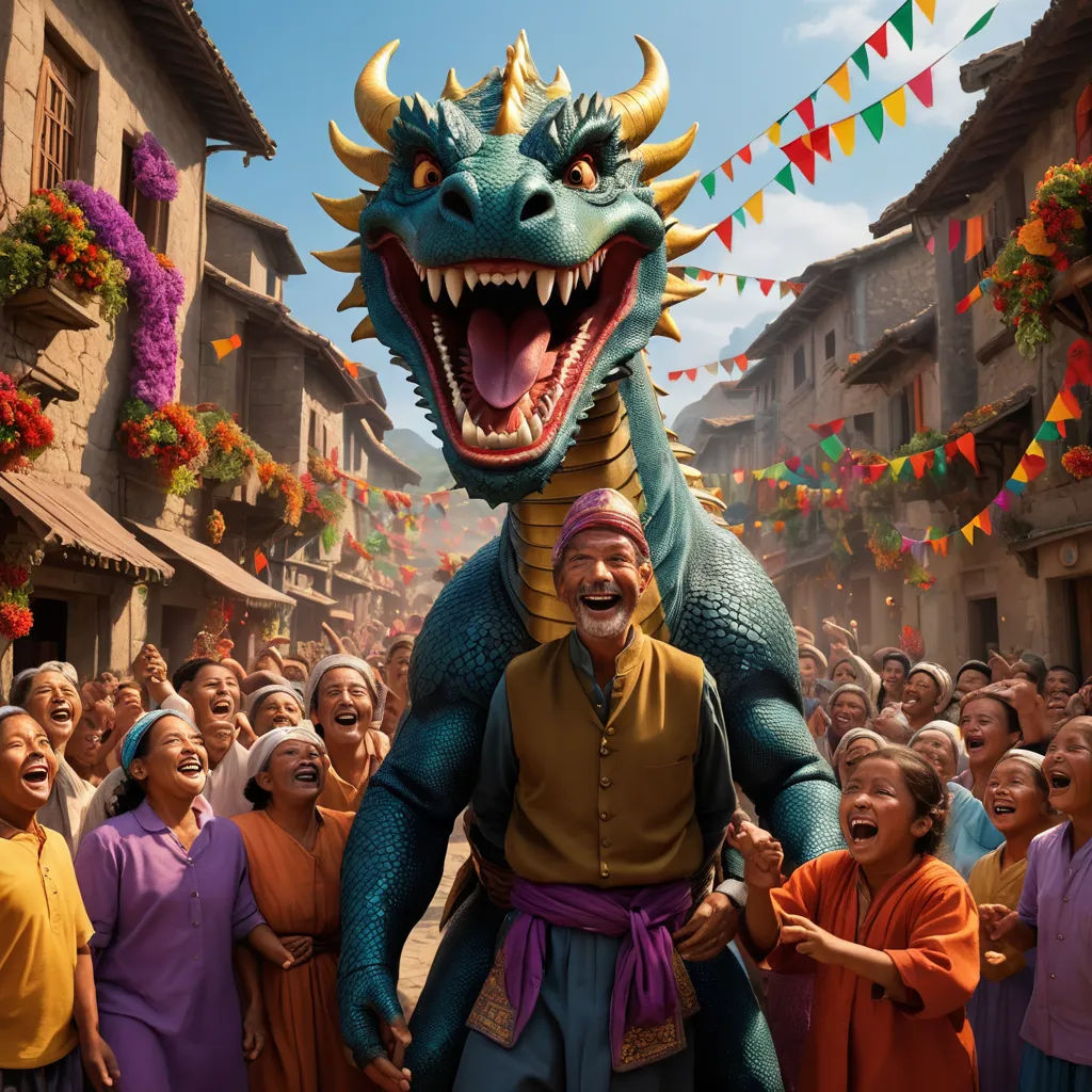 a man is being carried by a dragon in a parade of people in a village with flags and buntings, sumatraism, a poster, Chris LaBrooy, promotional image