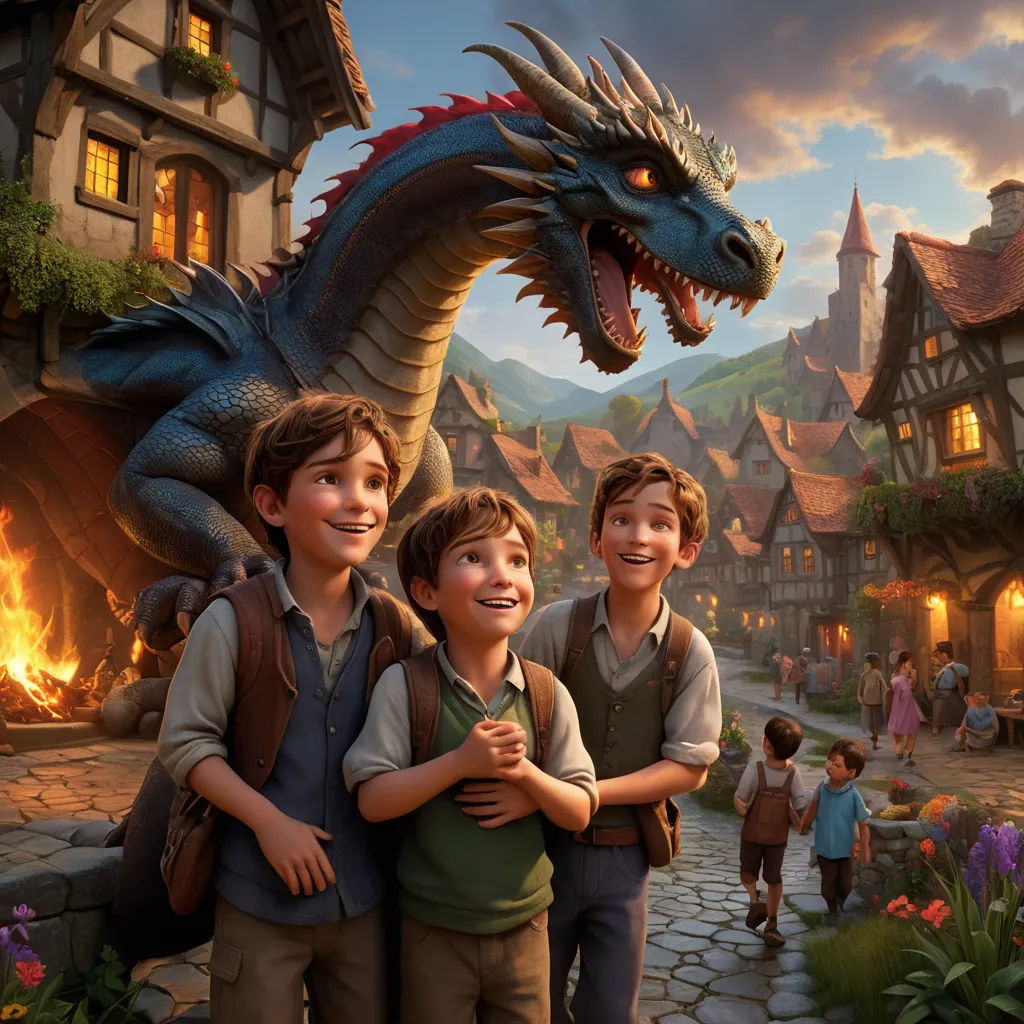 a group of children standing next to a dragon statue in a village at night with a fire coming from the roof, fantasy art, a storybook illustration, Clint Cearley, promotional image