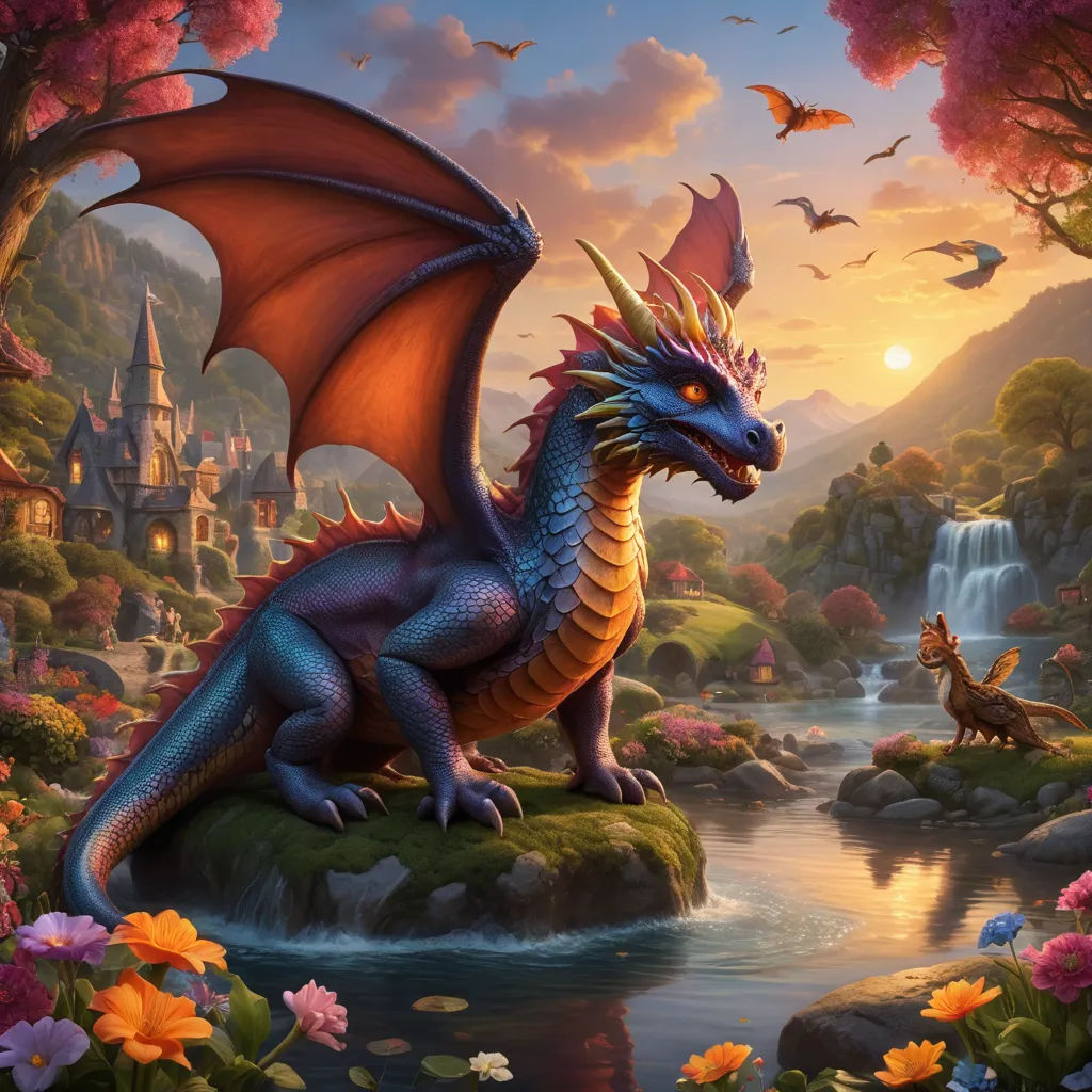 a dragon is sitting on a rock in a fantasy landscape with a waterfall and a castle in the background, fantasy art, an ultrafine detailed painting, Anne Stokes, dragon art