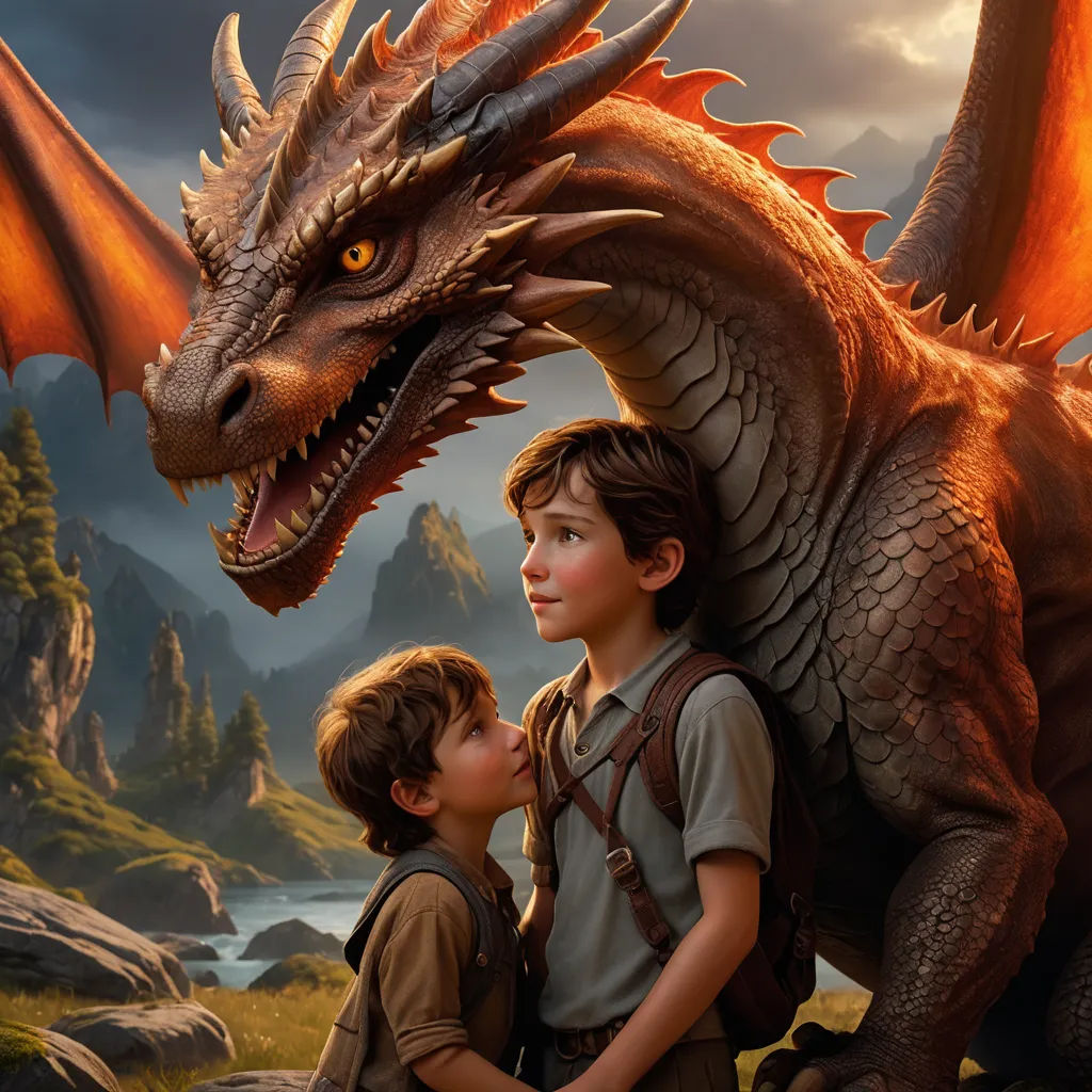 a boy and a boy are kissing in front of a dragon statue in a painting of a boy and a dragon, sots art, a poster, Clint Cearley, promotional image